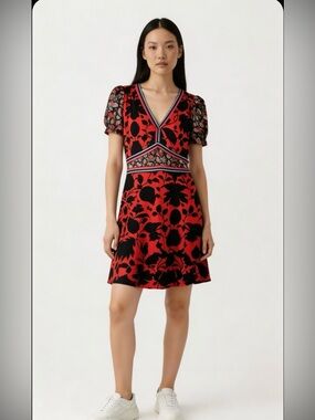 Desigual Red Black Floral V-Neck Dress S Boho Stretch Mini